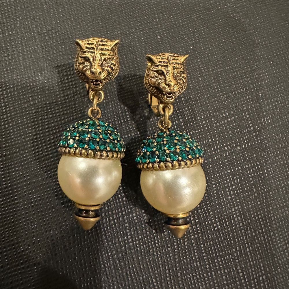 Gucci Gold-Tone Green Crystal & Pearl Drop Earrings
